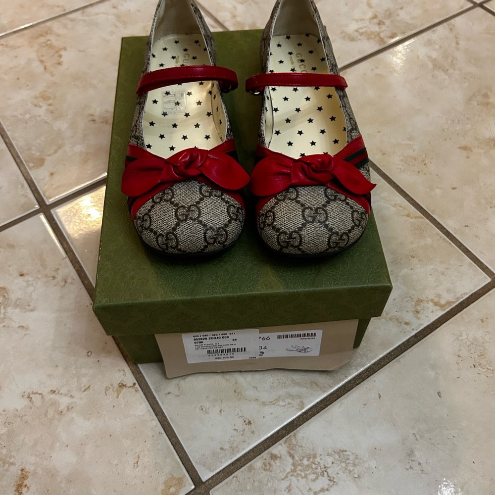 Gucci Kids' Red and Gray Patterned Mary Jane Shoes